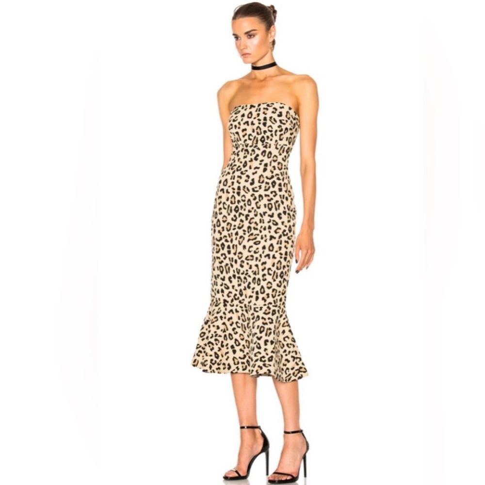 Cinq a Sept 'Luna' Leopard-Print Strapless Mermaid Dress, Black/Tan, Size 0 EUC